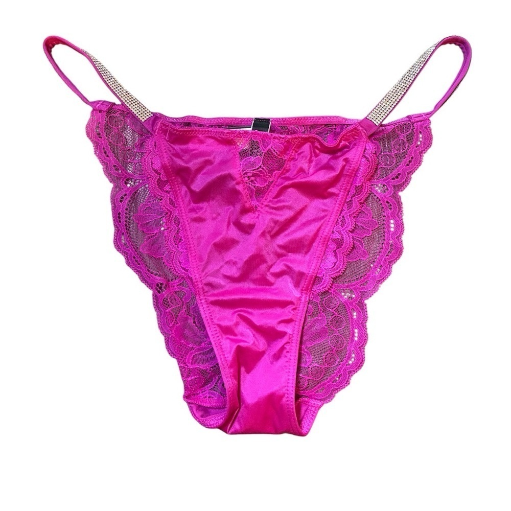 Victorias Secret Panty Cheeky Shine Strap Lace Rhinestone Hot Pink NWT M